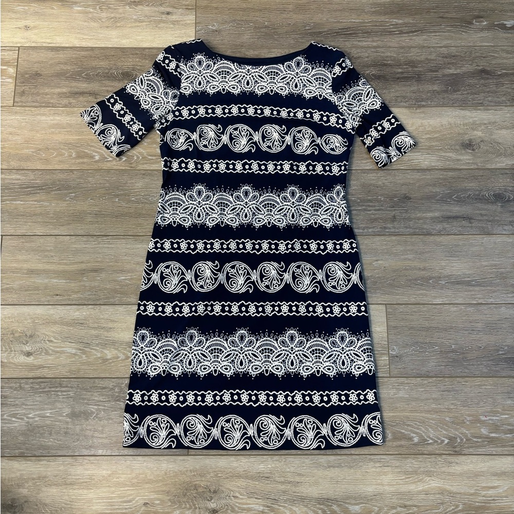 R&K Sheath Dress Sz 6 Navy Nautical Lace Coastal Preppy Casual Beachy Summer